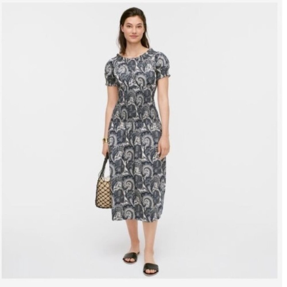 J. Crew Collection Smocked Cotton Poplin Dress Ratti Paisley Print Blue small